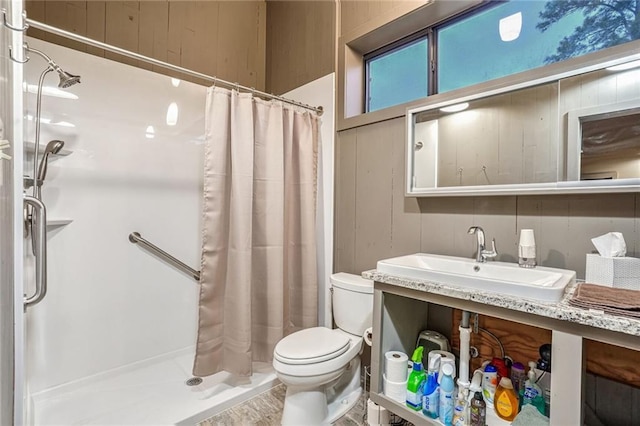 full bathroom featuring a sink, toilet, and a stall shower