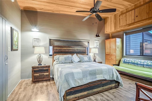 bedroom featuring wooden walls, ceiling fan, wood ceiling, and wood finished floors