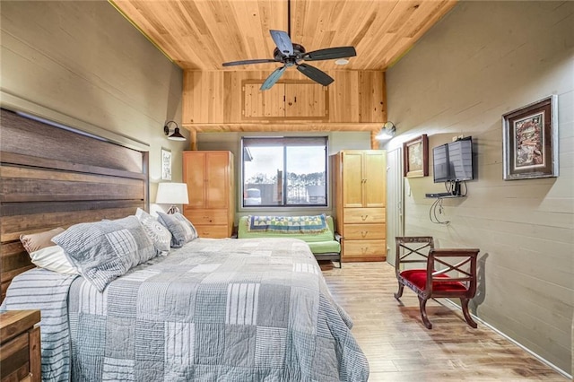bedroom with wood ceiling, wood finished floors, and wooden walls