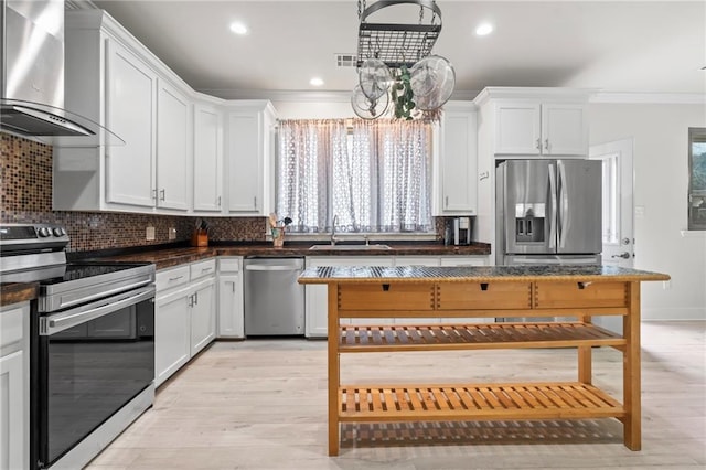 kitchen with wall chimney range hood, crown molding, sink, stainless steel appliances, and white cabinets