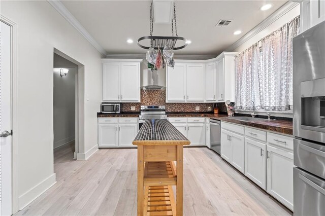 kitchen featuring white cabinets, appliances with stainless steel finishes, sink, and wall chimney range hood