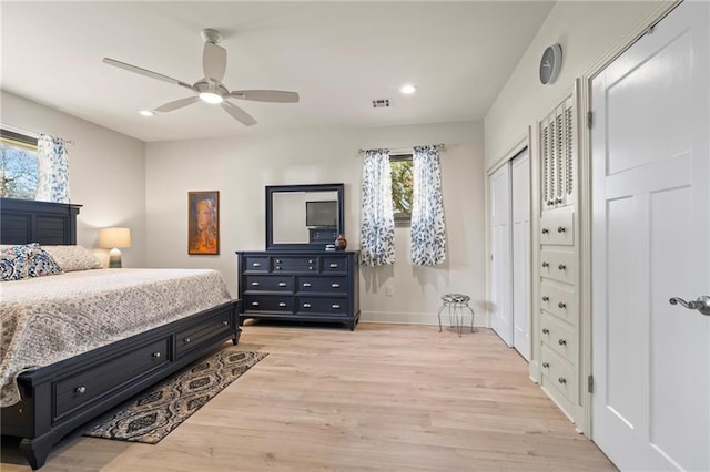 3845 Monroe St, Mandeville, LA 70448 - bedroom featuring light wood finished floors, recessed lighting, a ceiling fan, visible vents, and baseboards