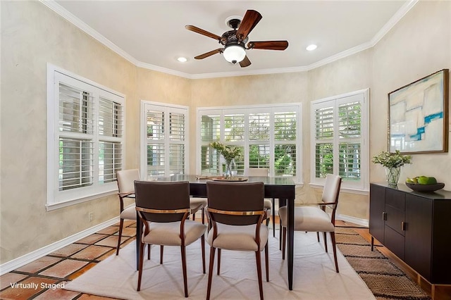 30302 Ashley Dr, Lacombe, LA 70445 - dining space with crown molding, baseboards, a ceiling fan, and recessed lighting