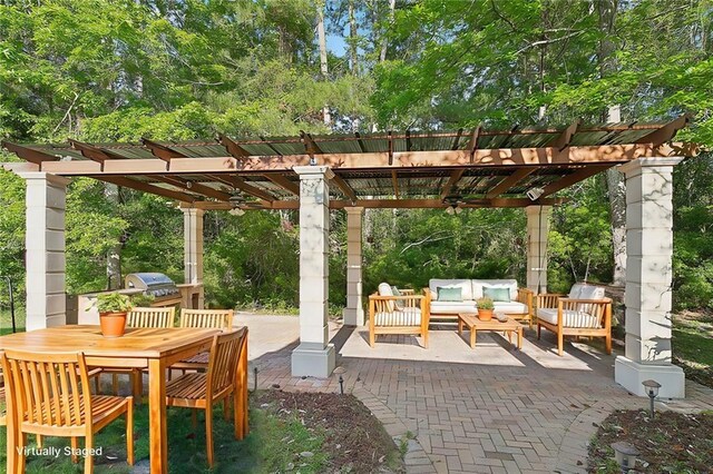 30302 Ashley Dr, Lacombe, LA 70445 - view of patio / terrace featuring a pergola, an outdoor living space, outdoor dining area, and area for grilling