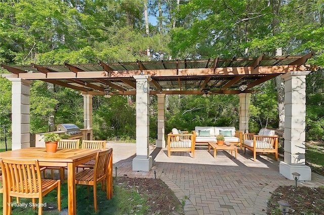 30302 Ashley Dr, Lacombe, LA 70445 - view of patio / terrace with an outdoor living space, a pergola, area for grilling, and view of wooded area