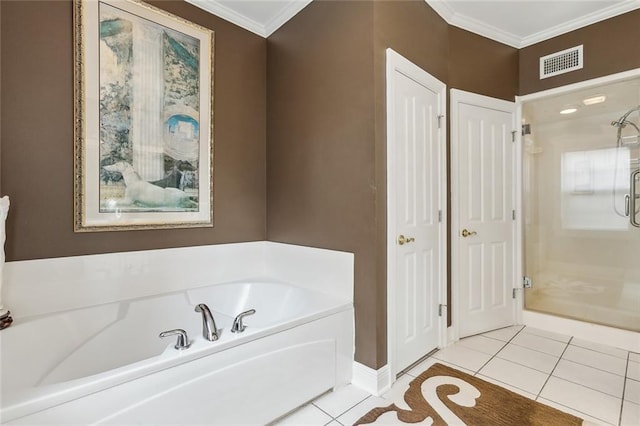 bathroom featuring ornamental molding, separate shower and tub, and tile patterned flooring