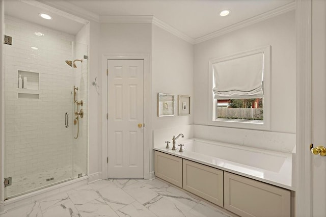 bathroom featuring crown molding and shower with separate bathtub