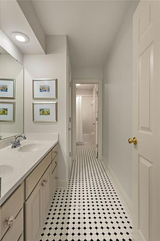 bathroom with vanity and a shower with shower curtain