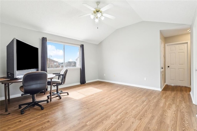 office area with ceiling fan, lofted ceiling, and light hardwood / wood-style floors