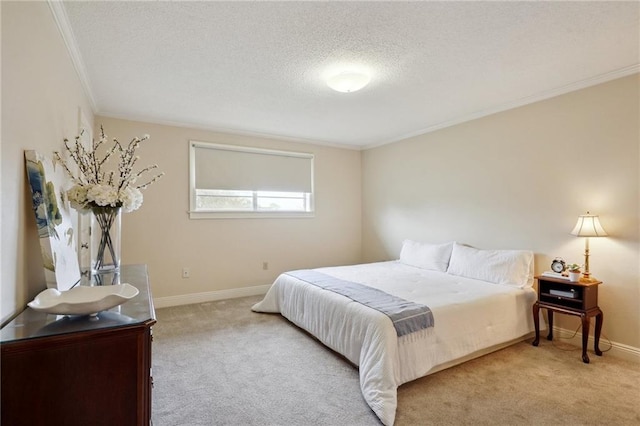 carpeted bedroom with crown molding and a textured ceiling