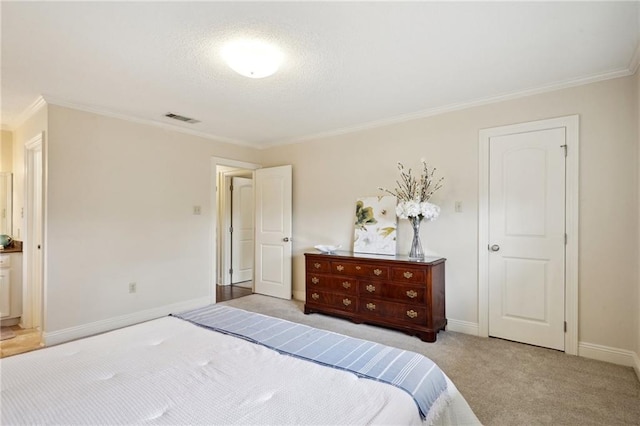 carpeted bedroom featuring crown molding