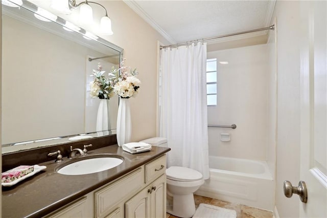 full bathroom featuring toilet, crown molding, vanity, shower / bathtub combination with curtain, and tile patterned flooring