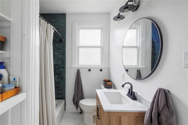 full bathroom with vanity, shower / tub combo, tile patterned floors, and toilet