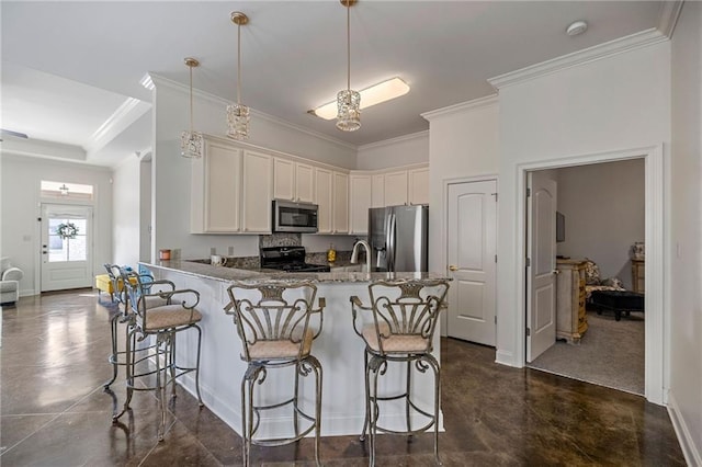 kitchen with stone counters, appliances with stainless steel finishes, pendant lighting, ornamental molding, and kitchen peninsula