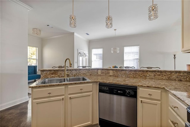 kitchen with crown molding, stainless steel dishwasher, sink, and cream cabinetry