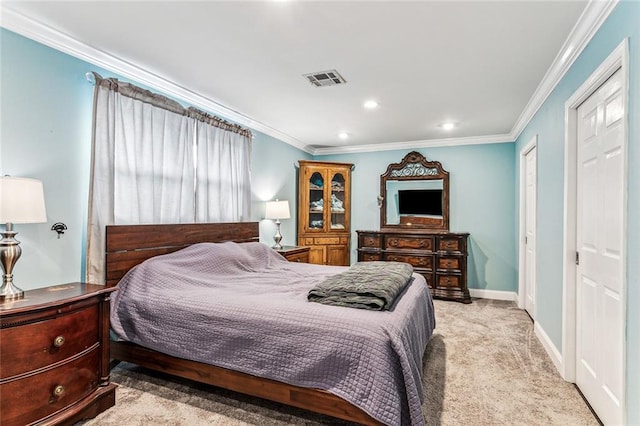 carpeted bedroom featuring ornamental molding