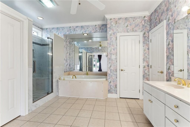 bathroom featuring a healthy amount of sunlight, ornamental molding, and tile patterned floors