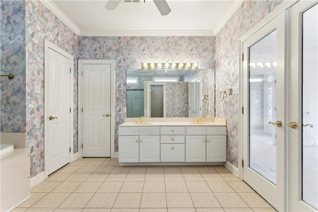 bathroom with vanity, tile patterned flooring, and crown molding