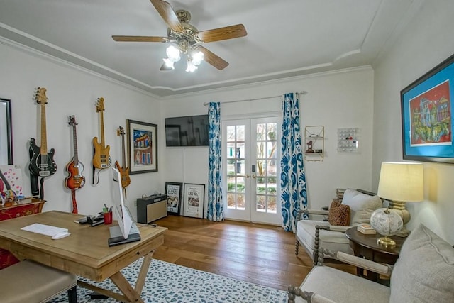 office area with hardwood / wood-style floors, crown molding, french doors, and ceiling fan