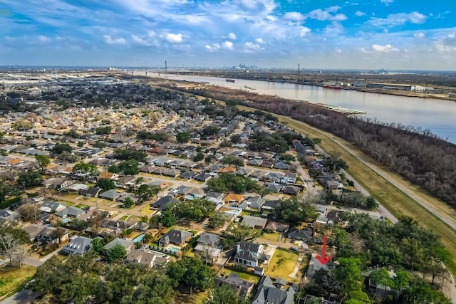 drone / aerial view with a water view