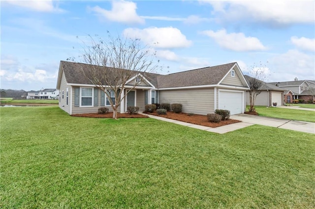 ranch-style home with a garage and a front yard