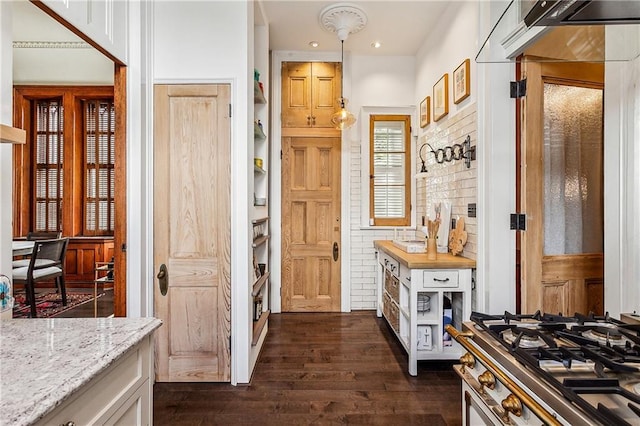 kitchen featuring white cabinetry, dark wood-type flooring, stainless steel stove, and light stone counters