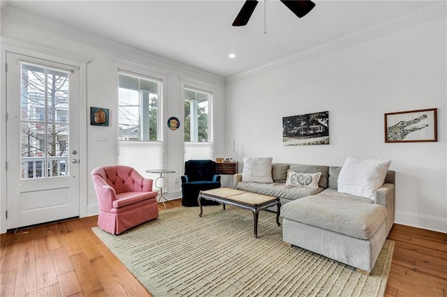 living room featuring crown molding, wood-type flooring, and ceiling fan