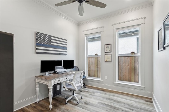 office area featuring wood-type flooring, ornamental molding, and ceiling fan