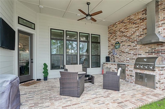 view of patio / terrace featuring area for grilling, an outdoor living space, sink, and ceiling fan