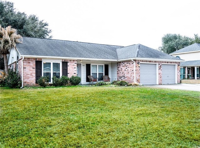 ranch-style home with a garage and a front yard