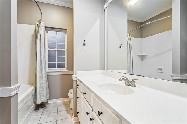 full bathroom featuring shower / tub combo with curtain, vanity, ornamental molding, tile patterned floors, and toilet