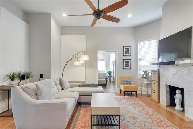 living room featuring a premium fireplace, a healthy amount of sunlight, and light hardwood / wood-style flooring