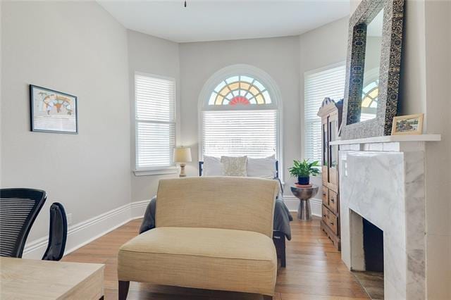 living area with a high end fireplace and hardwood / wood-style floors