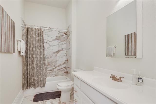 full bathroom with vanity, shower / bath combination with curtain, and toilet