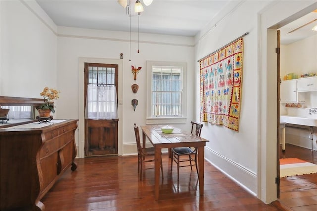 dining area with dark hardwood / wood-style flooring