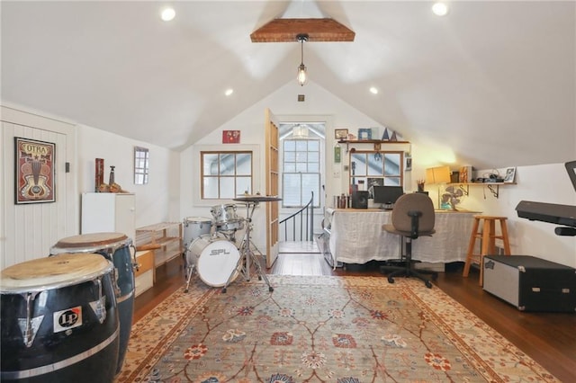 office featuring vaulted ceiling and hardwood / wood-style floors