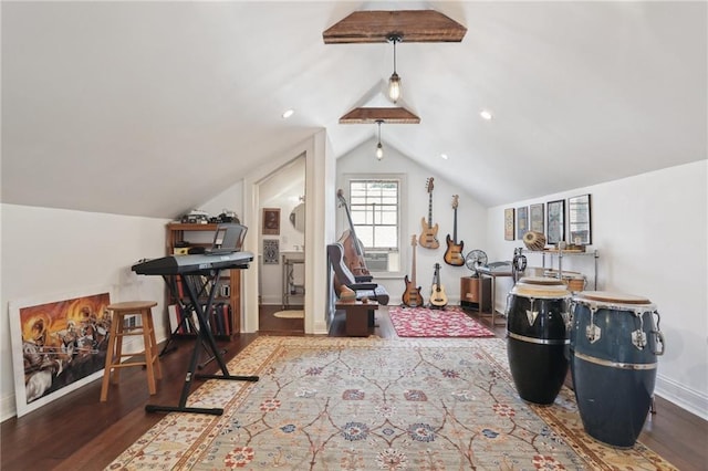 rec room featuring vaulted ceiling and hardwood / wood-style floors