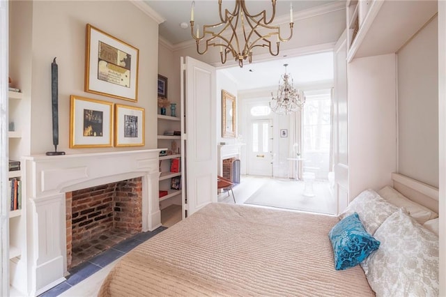 bedroom with ornamental molding and an inviting chandelier