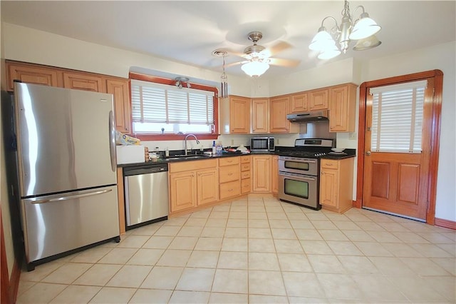 kitchen with sink, hanging light fixtures, ceiling fan, and appliances with stainless steel finishes