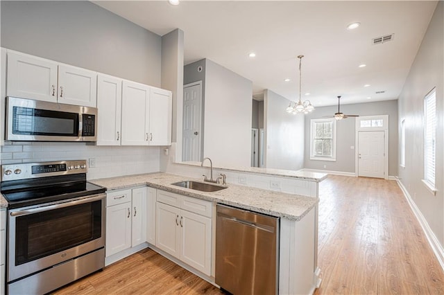 kitchen featuring sink, kitchen peninsula, white cabinets, and appliances with stainless steel finishes