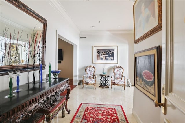 hallway with crown molding and light tile patterned flooring