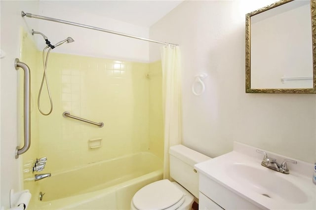 full bathroom with vanity, shower / bath combination with curtain, and toilet