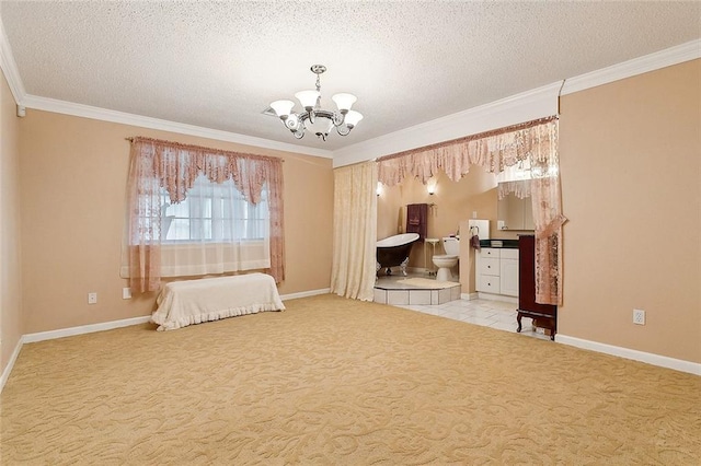 unfurnished bedroom featuring an inviting chandelier, light colored carpet, crown molding, and a textured ceiling