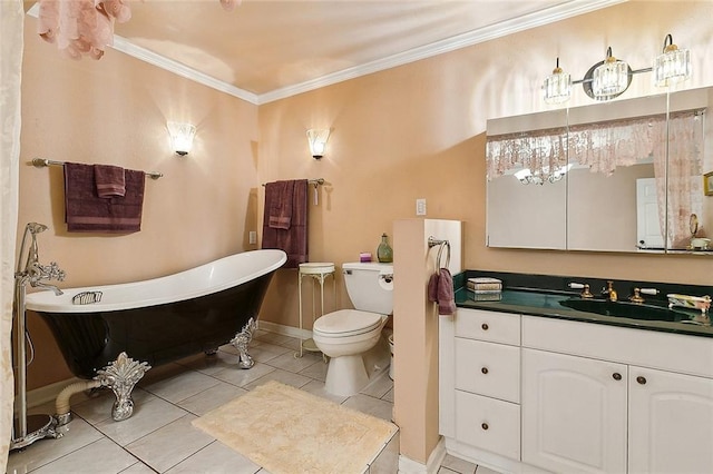 bathroom featuring a bathtub, tile patterned flooring, ornamental molding, vanity, and toilet