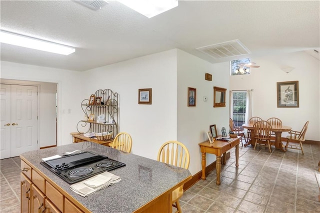 kitchen with lofted ceiling and a textured ceiling