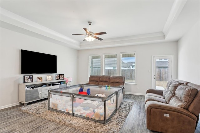 living room featuring a raised ceiling, hardwood / wood-style flooring, and ceiling fan