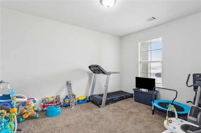 workout room featuring carpet flooring