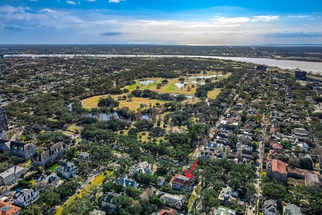 bird's eye view with a water view