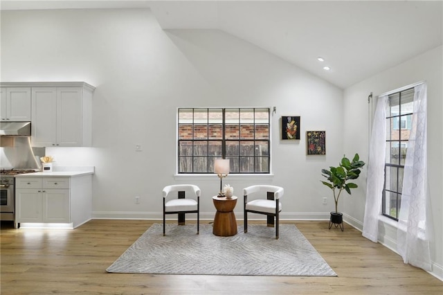 sitting room with high vaulted ceiling and light wood-type flooring