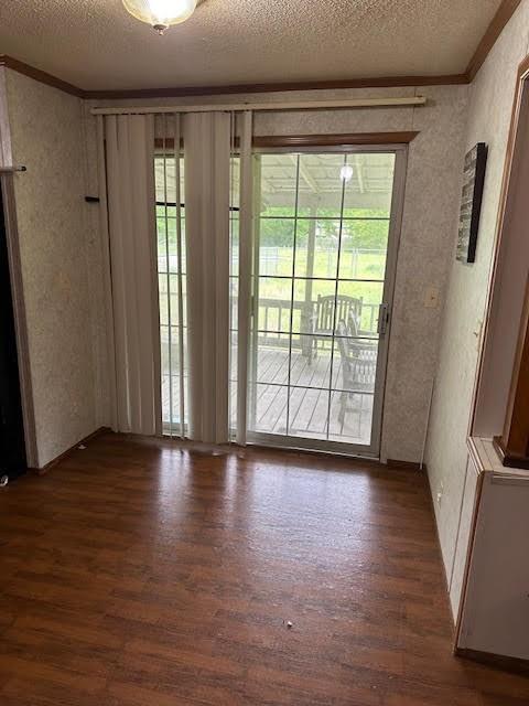 interior space featuring a textured ceiling, dark wood-type flooring, and ornamental molding